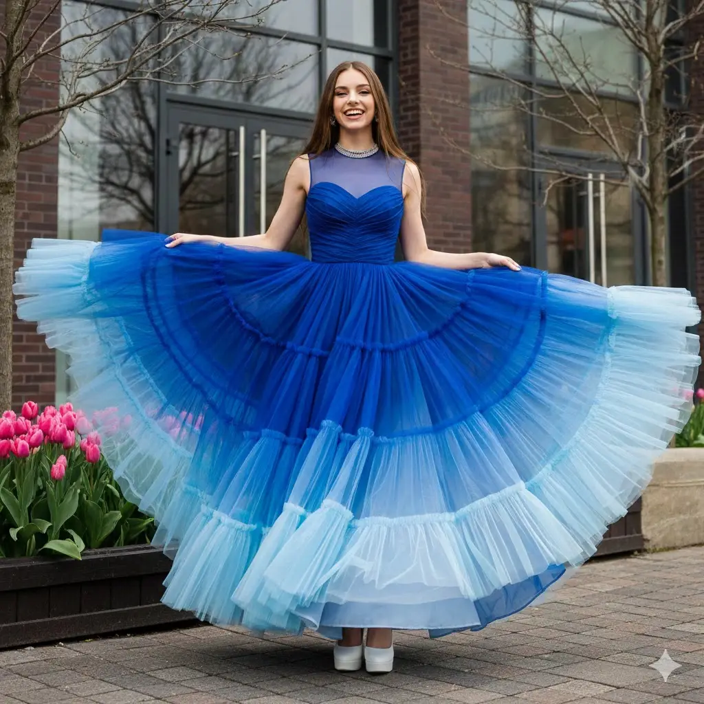 Joyful smiling stylish girl prompt for girls , Stunning beauti girl in salwar dress prompt - blue gown dress prompt for girls