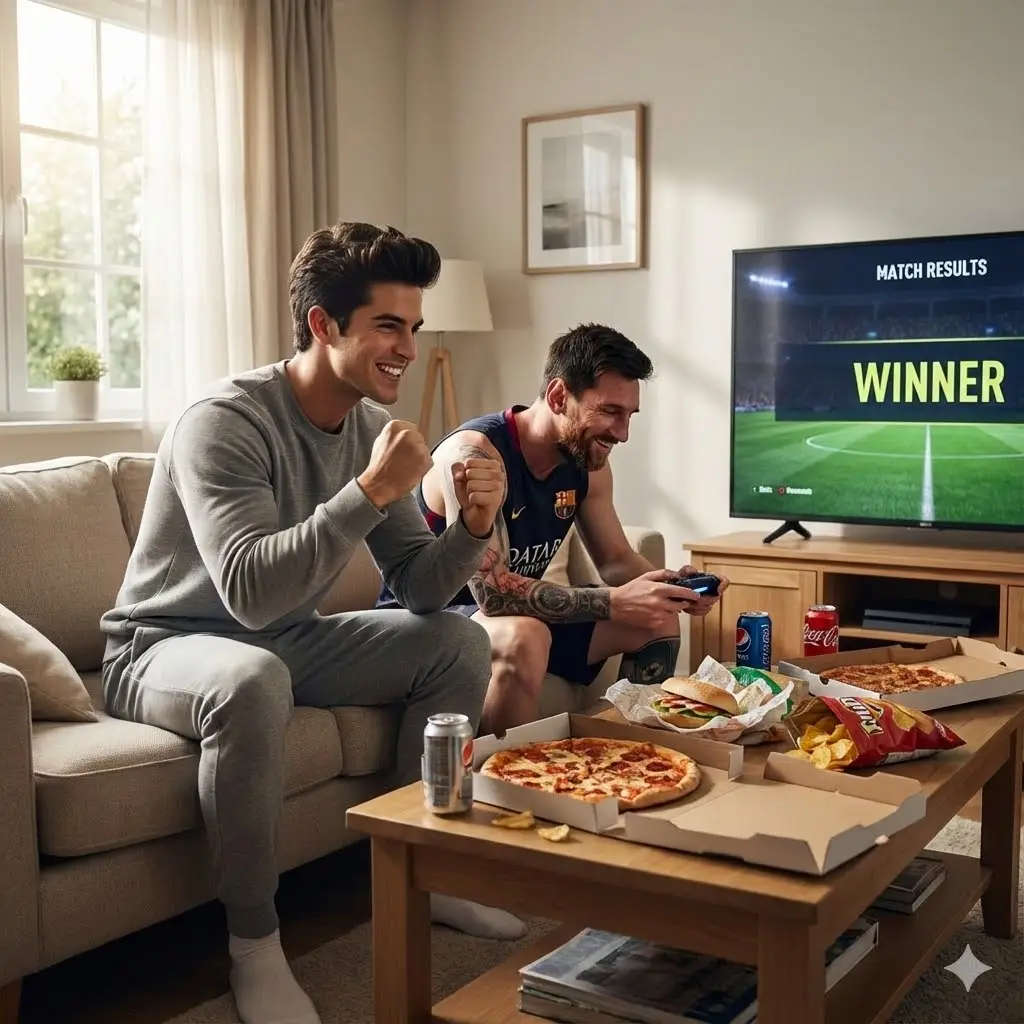 Prompt of a Man playing a game seated next to Lionel Messi- Creative Prompt for Men - Man with Celebrity Prompt