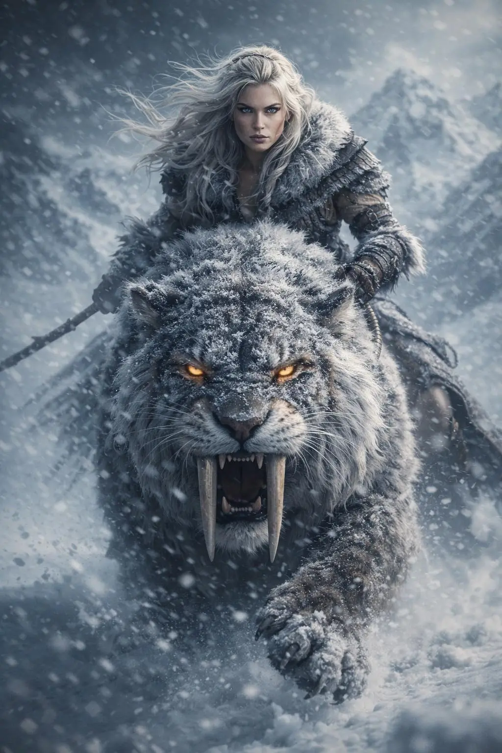 fierce Nordic warrior woman - Warrior and tiger in icy wilderness ai prompt