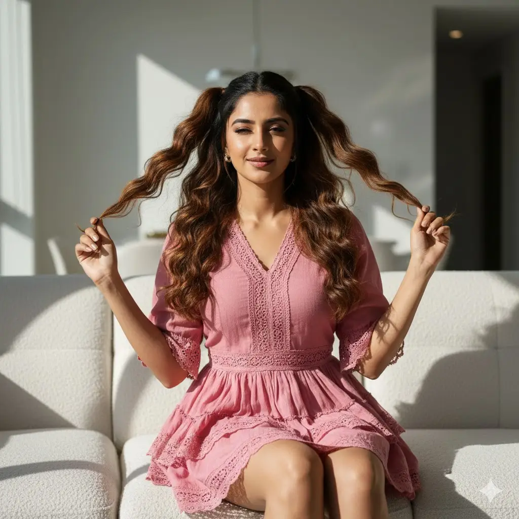 woman sitting on a plush white sofa prompt - Stylish girl sitting on a sofa Prompt for Girls - Trending Prompt for Girls