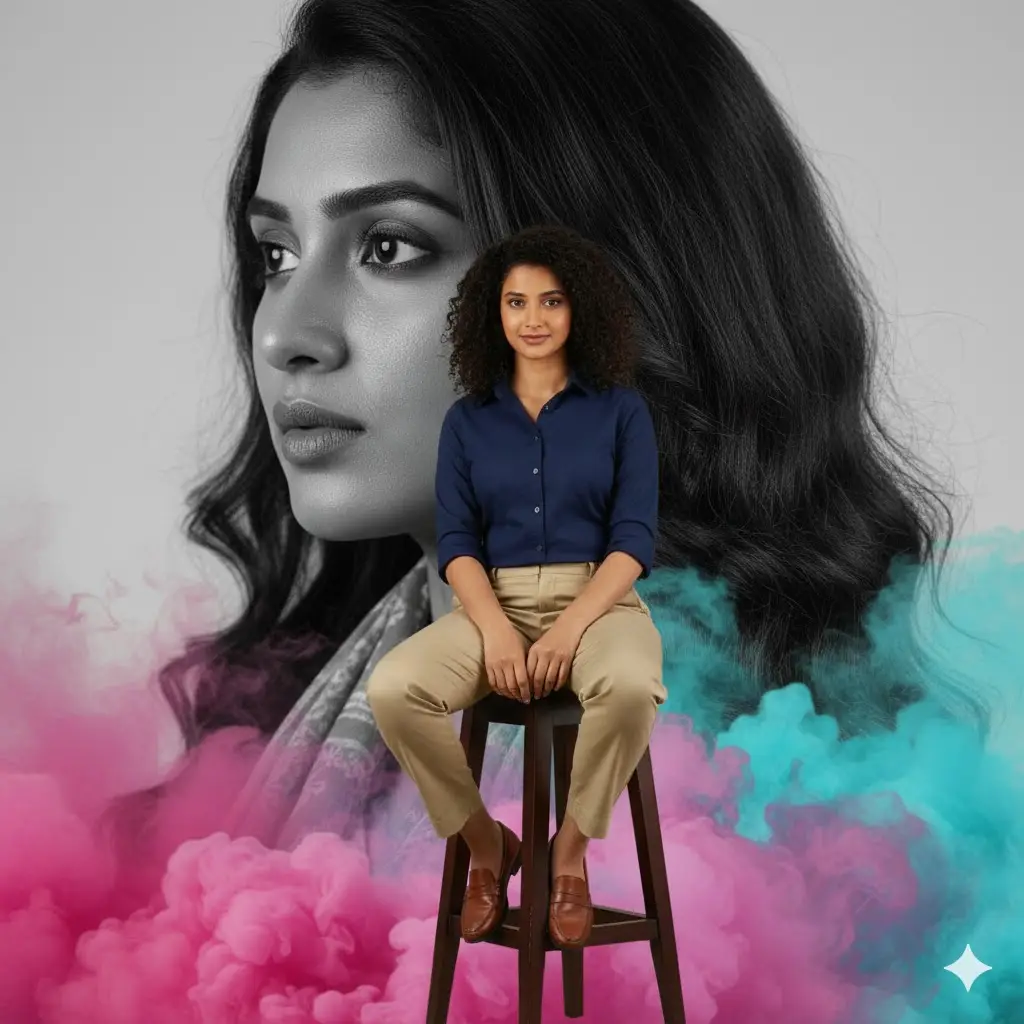 Double Exposure Prompt of a Girl - Artistic portrait prompt of a young girl sitting gracefully - Girl in stylish look prompt