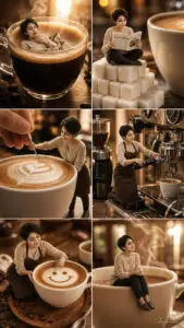 6-panel cinematic fantasy coffee-themed prompt - Creative Prompt -Trending Prompt for Girls