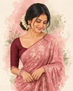 Beautiful Indian Saree Portrait Prompt – Romantic Pink Watercolor Artwork Prompt
