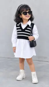 Cute Toddler Girl Fashion Outfit – Stylish Kids Streetwear with Sunglasses, Pearl Headband & White Boots